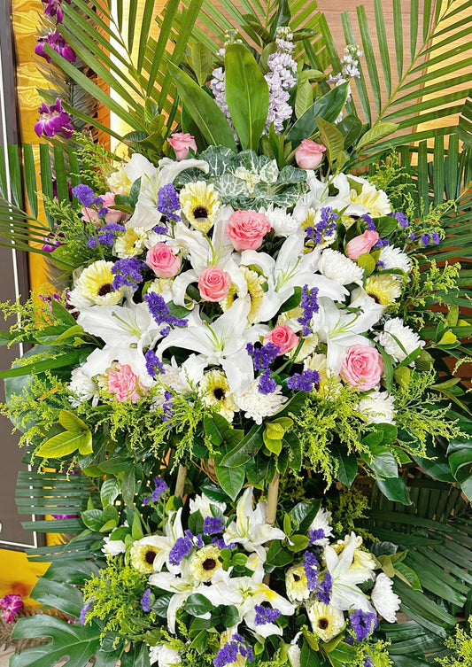 雙層帛事花籃-b08|雙層帛事花籃 |帛事花牌・帛事花圈・帛事花店 即日送達|九龍帛事花店